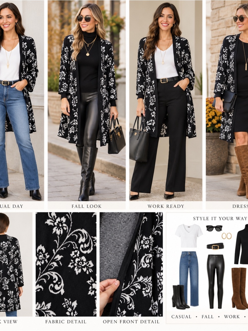 JM Collection Black and White Floral Open-Front Duster Cardigan